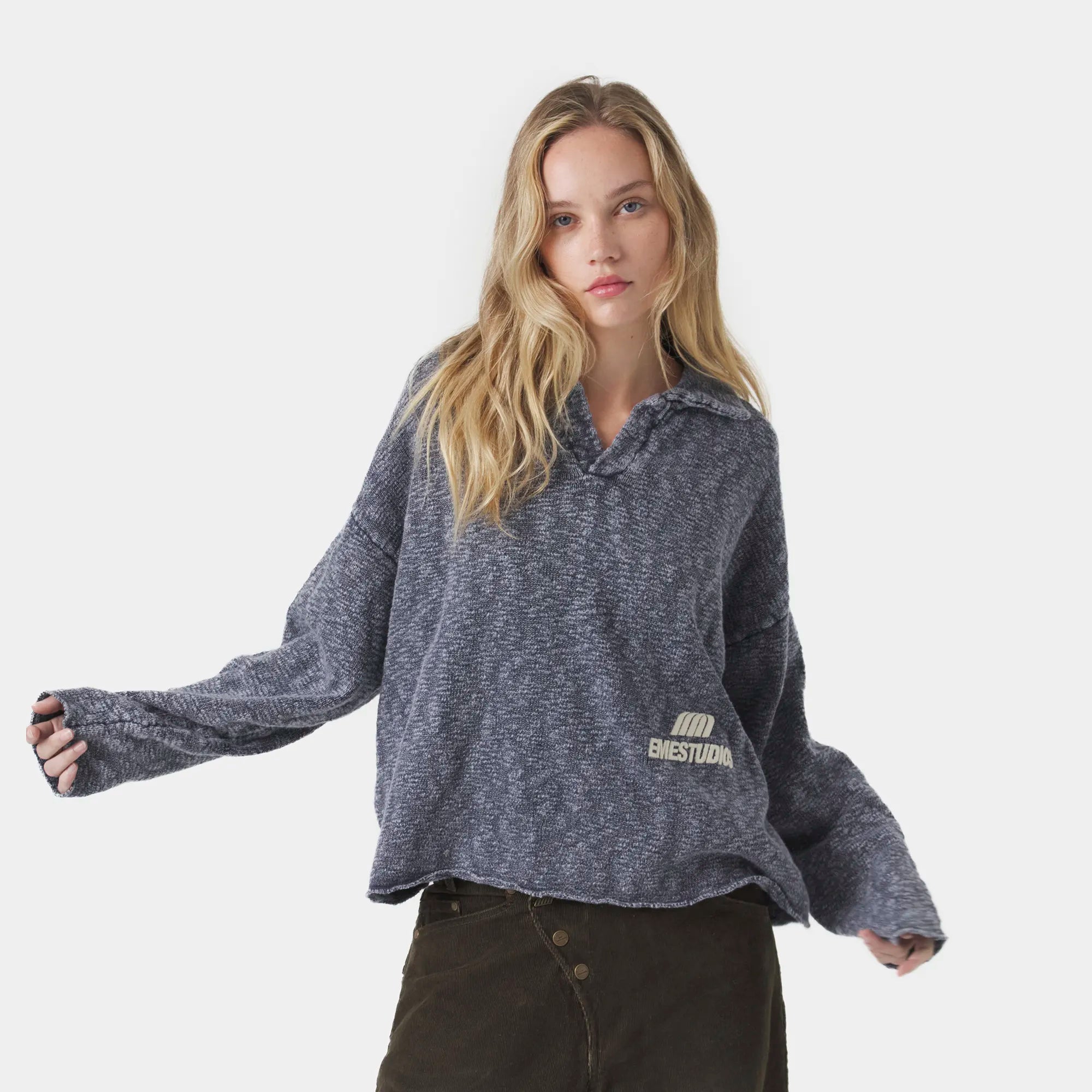 Kiff Navy Distressed Knit Polo Knitwear eme