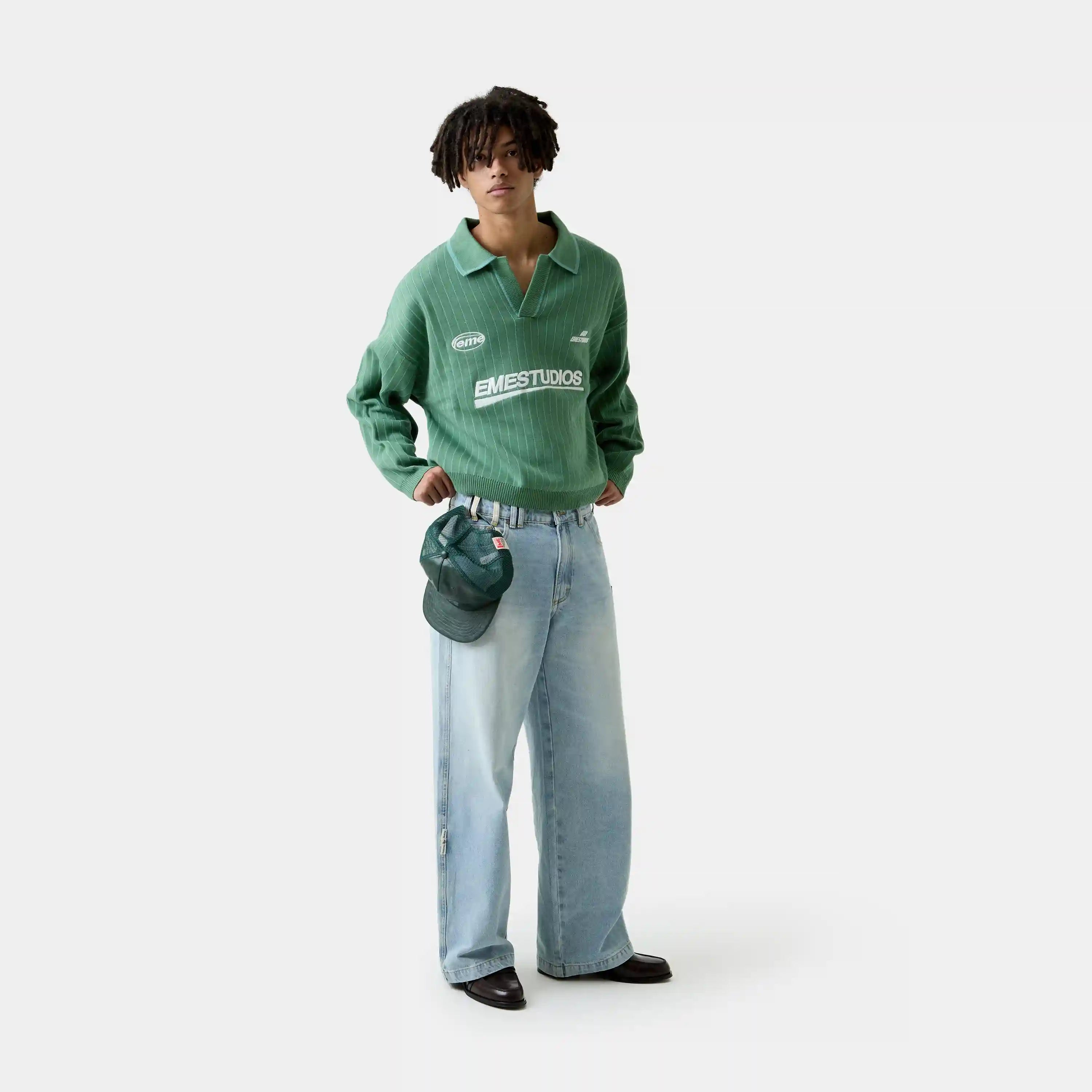 Pinstripe Deep Grass Knit Polo Knitwear Eme Studios