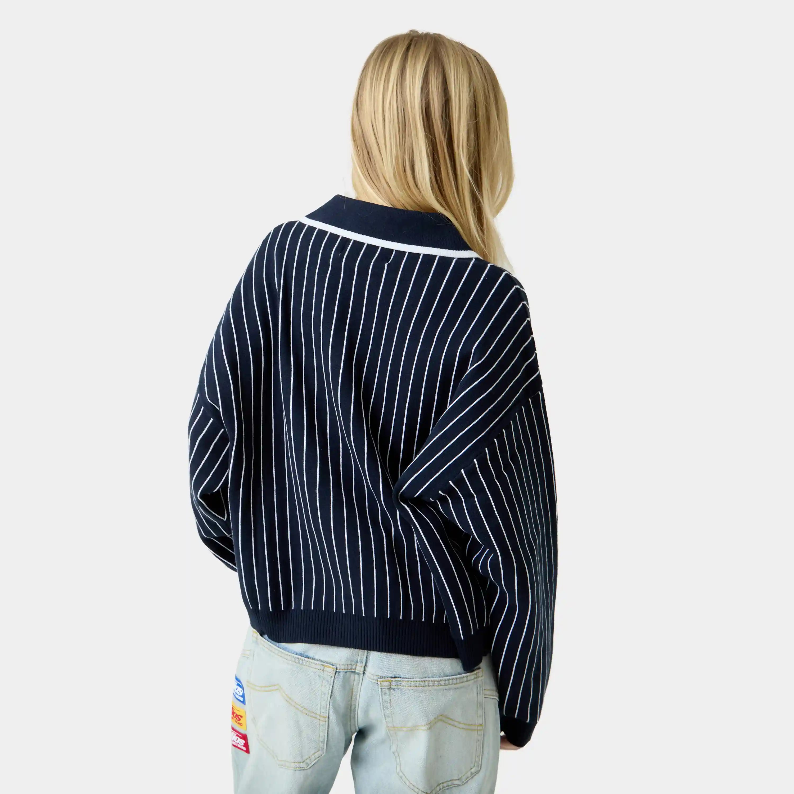 Pinstripe Navy Knit Polo Knitwear Eme Studios