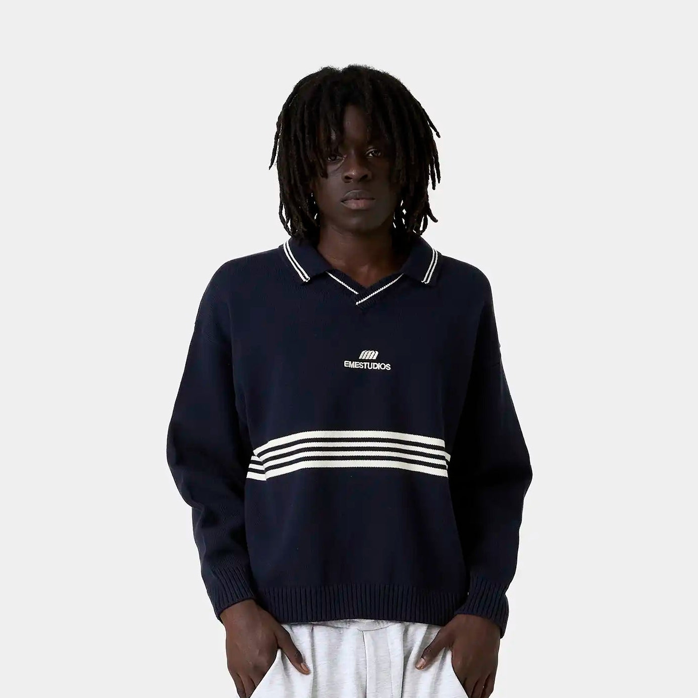 Pivot Navy Knit Polo Knitwear Eme Studios