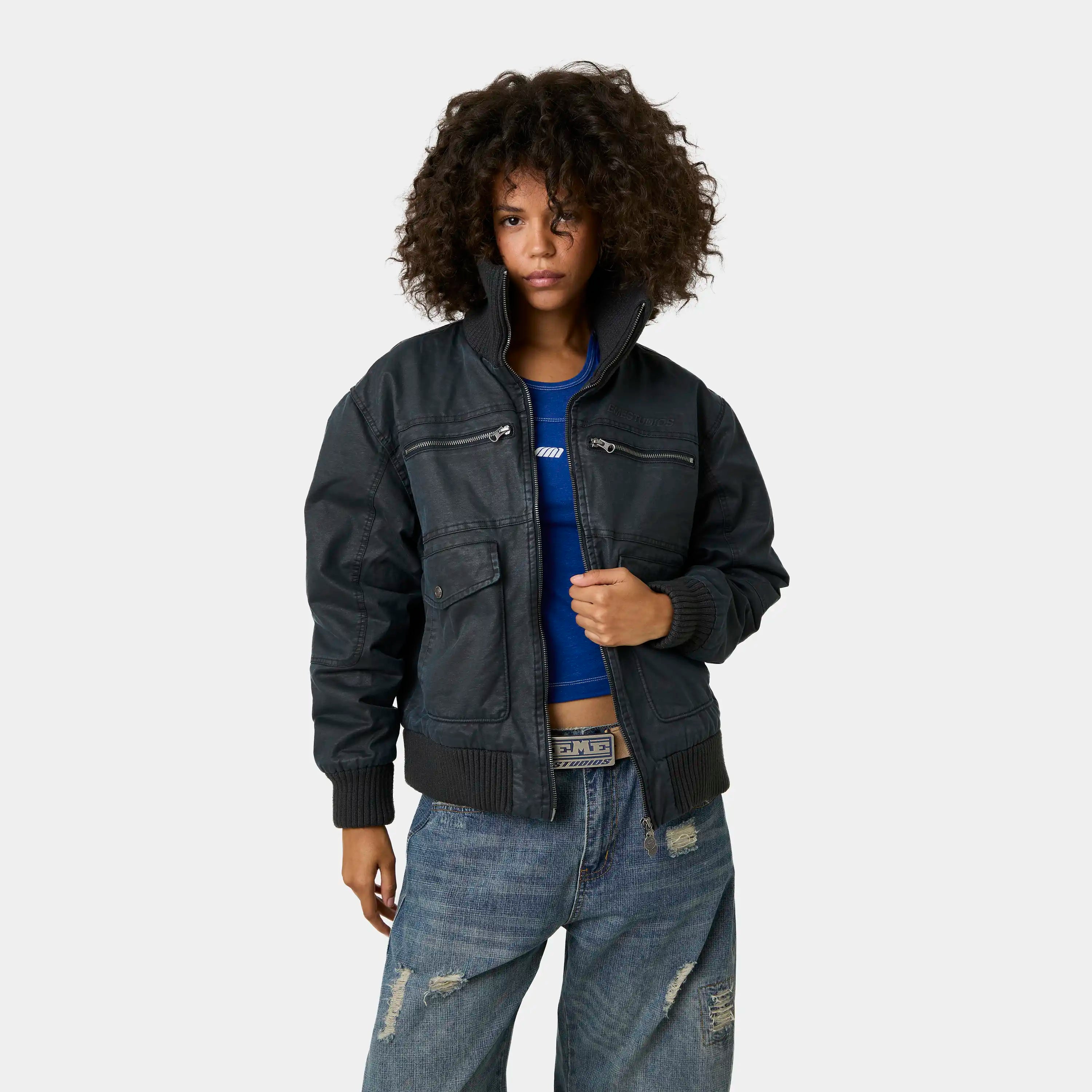 Sess Navy Leather Jacket Outerwear Eme Studios