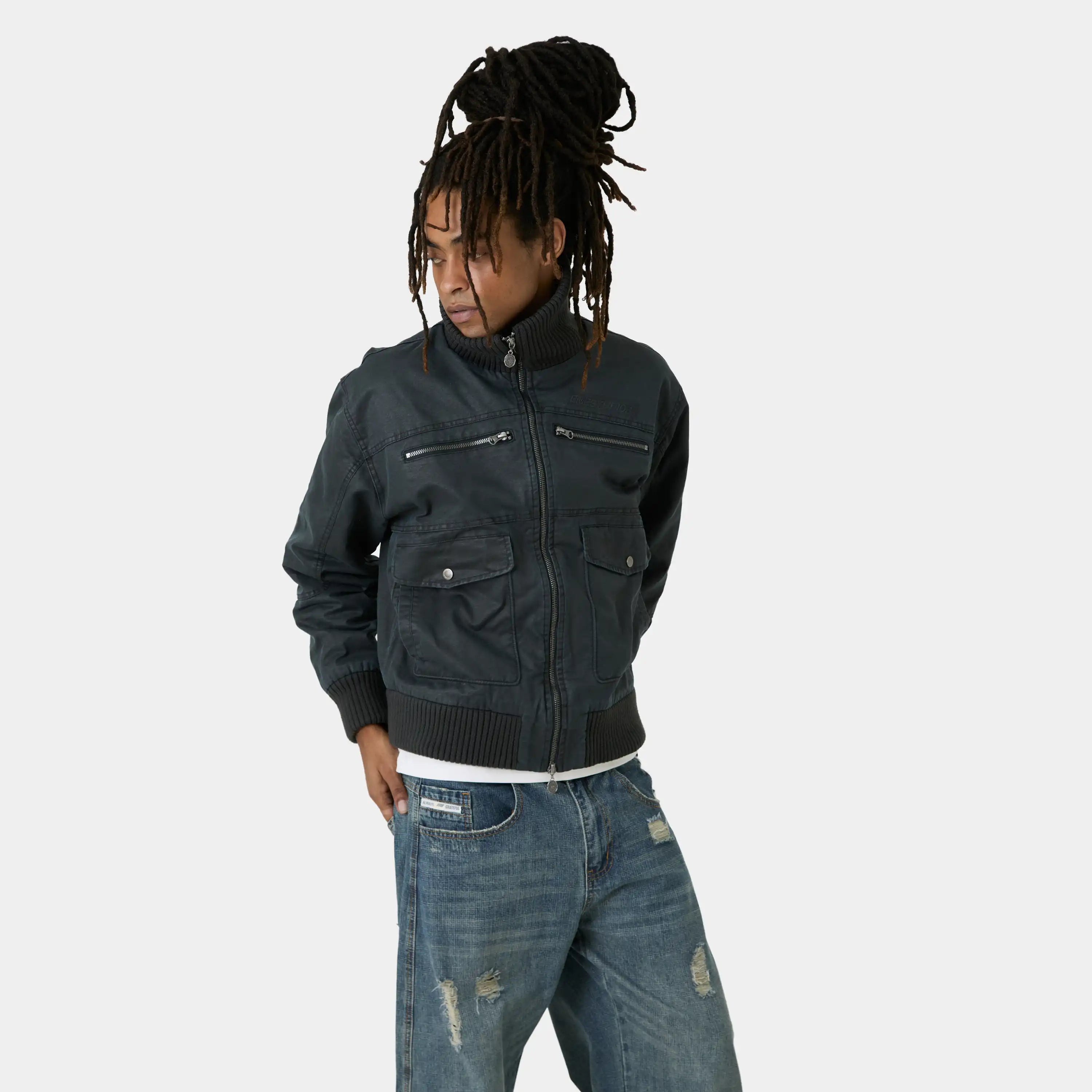 Sess Navy Leather Jacket Outerwear Eme Studios